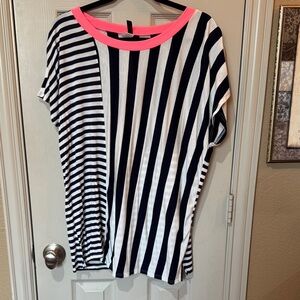 Striped Short-Sleeve Top with Neon Pink Trim